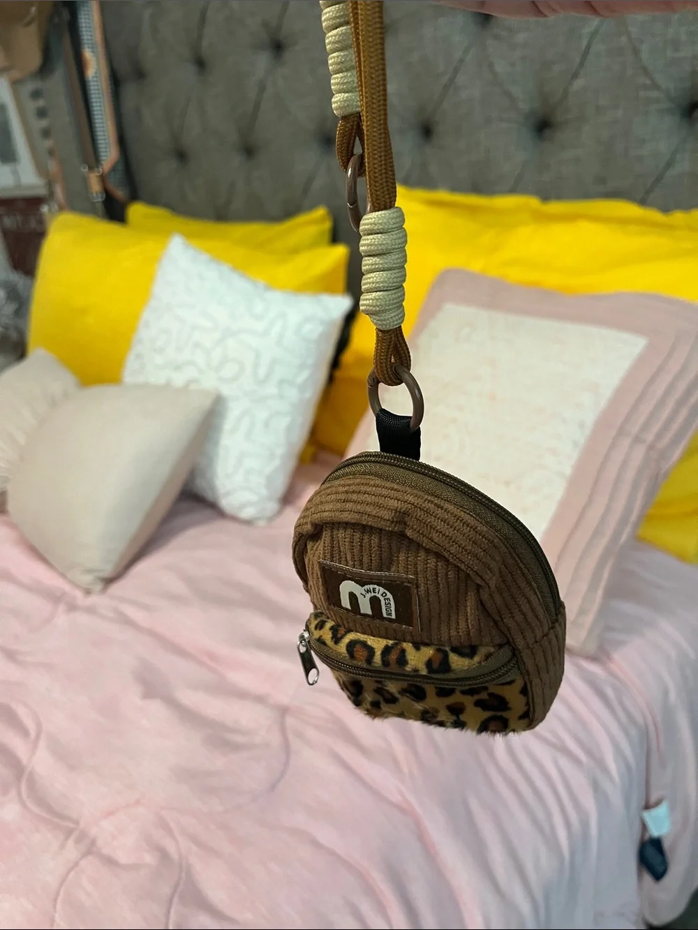 Kids Brown Mini Backpack Keychain with Leopard Accent